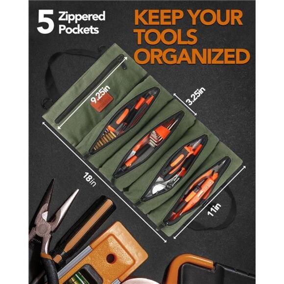 Tool Roll Up Pouch, Tool Roll, 16OZ Canvas Multi-Purpose Wrench Roll Up Bag - Picture 2 of 7